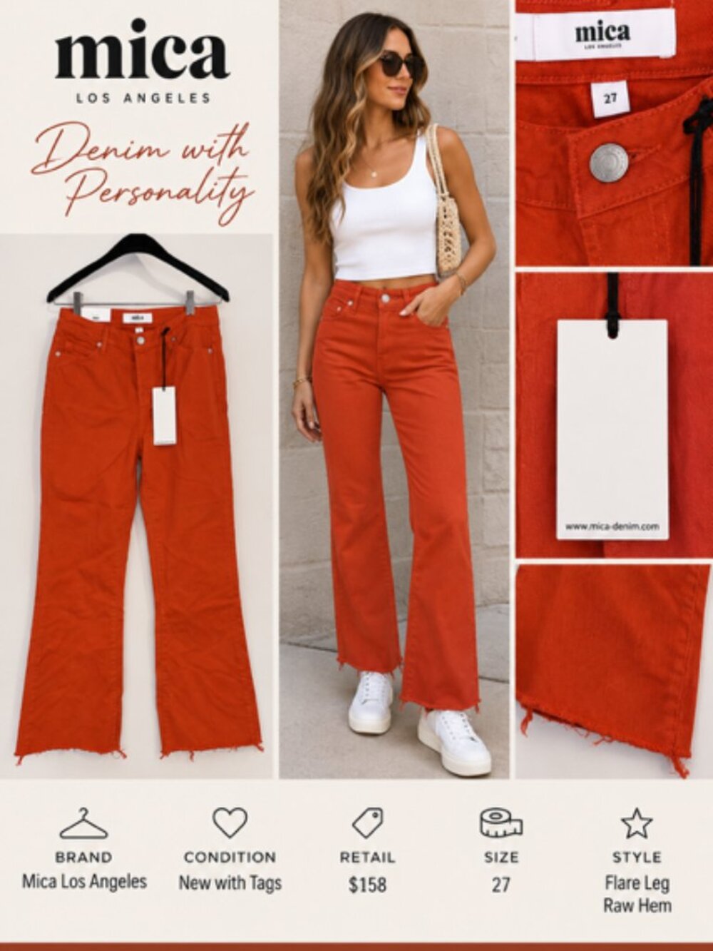 NWT Mica Los Angeles Orange High Rise Flare Raw Hem Jeans 27